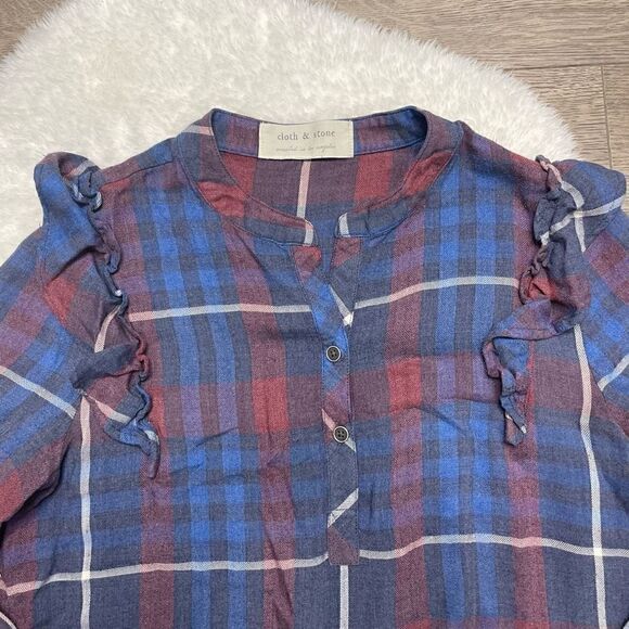 Cloth & Stone Dress Tunic Ruffled Size XS Long sleeve Plaid Buttons - Picture 2 of 8